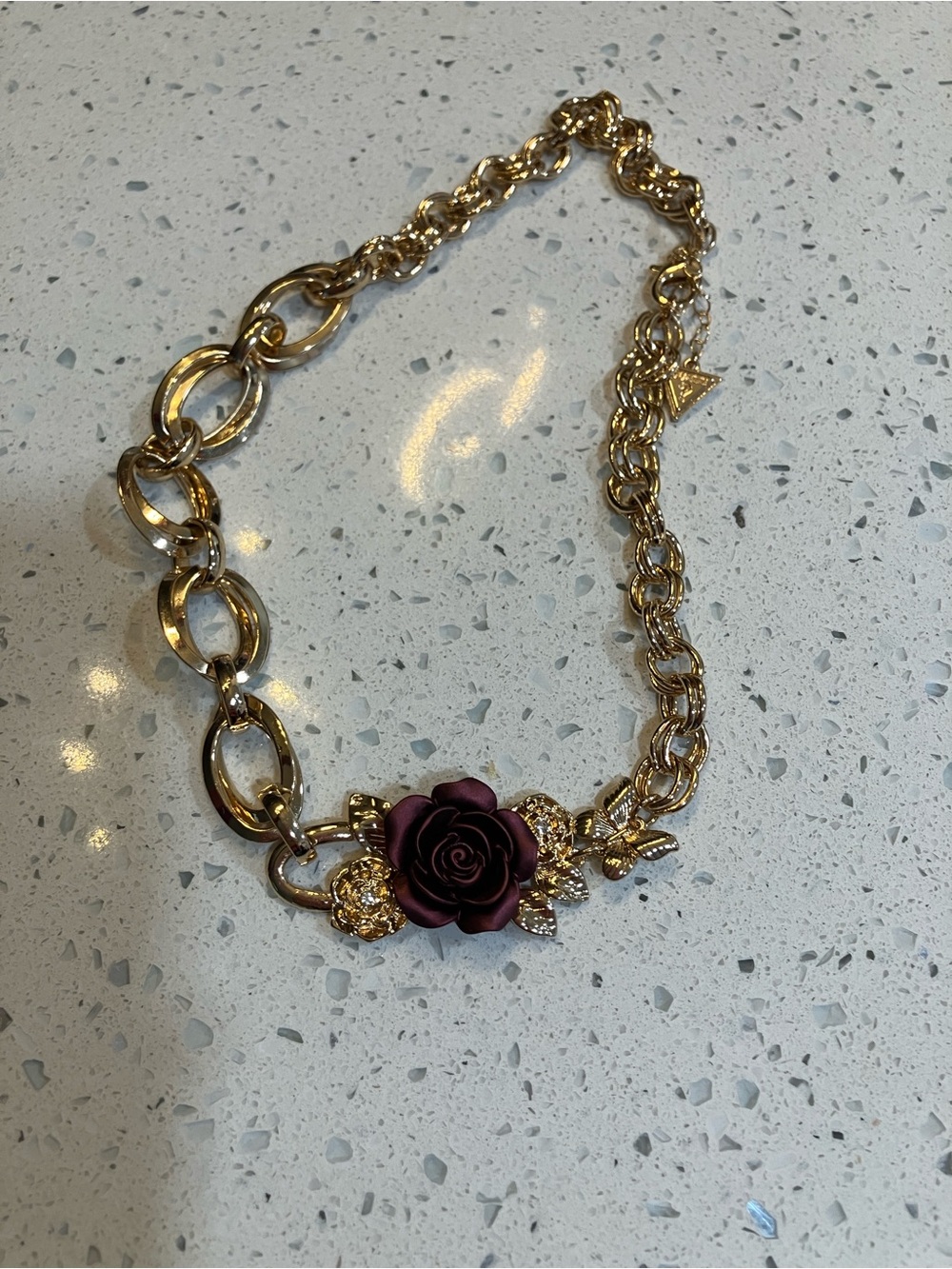 Guess Gold-Tone Chain Necklace with Burgundy Rose Accent